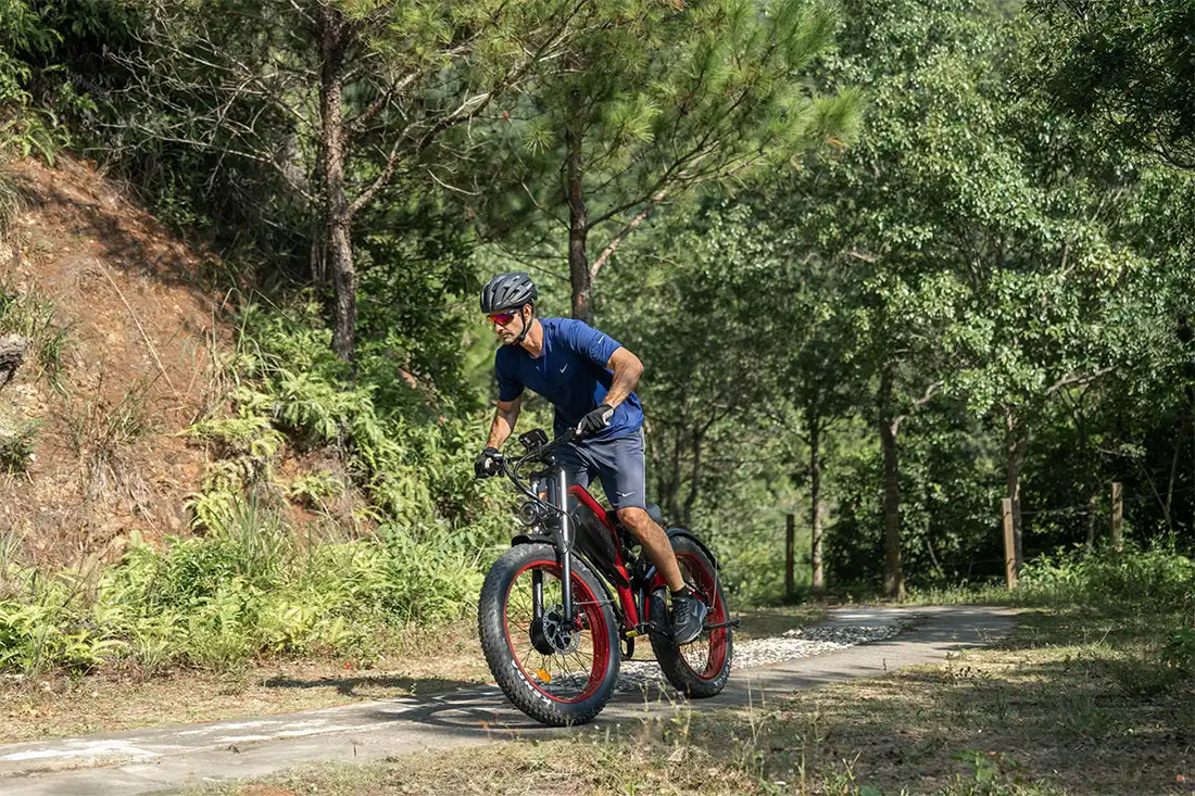The powerful Duotts N26 1500W peak dual-motor electric bike climbing a steep hill effortlessly.