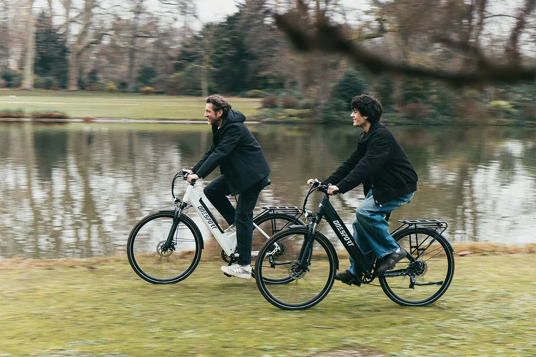Onesport OT12 electric bike equipped with a sturdy rear rack for city cargo and groceries.