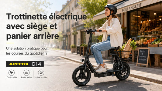 Femme conduisant une trottinette électrique avec siège et panier arrière pour faire ses courses en France