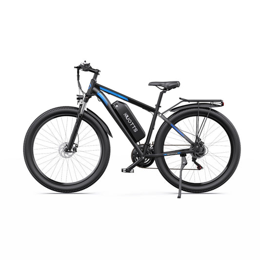 Duotts C29 electric mountain bike in black and blue - side view with front suspension fork and Shimano gears