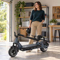 AI-generated illustration of a folded grey KingSong N12 Pro beside an adult in a home garage