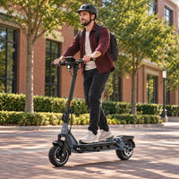 AI-generated illustration of a helmeted adult riding the grey KingSong N12 Pro on a paved office-campus route