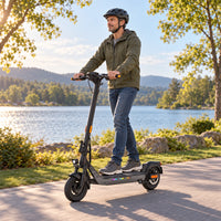 AI-generated illustration of a helmeted adult riding the KingSong N14 KSE on a quiet paved lakeside route
