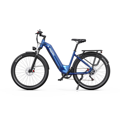 Onesport OT05 city e-bike in blue - side view showing step-through frame and integrated battery