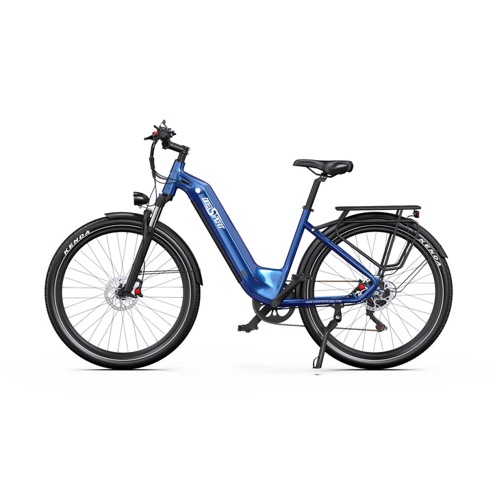 Onesport OT05 city e-bike in blue - side view showing step-through frame and integrated battery