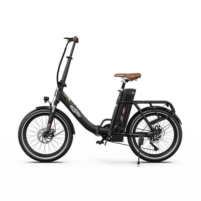 OneSport OT16 folding electric bike in black - side view with fat tires and rear cargo rack